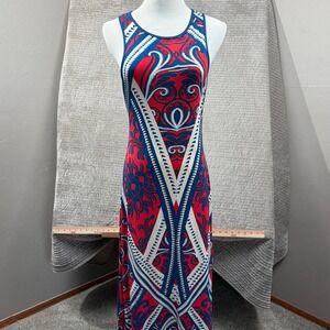 Bisou Bisou Michele Bohbot Red Blue Geometric Floral Maxi Dress Sz 6‎ Sleeveless